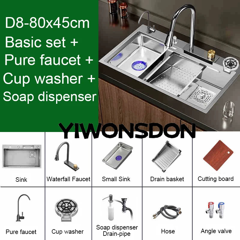 Multifunction Brushed Nano Kitchen Sink Waterfall Faucet Large Single Bowl Cup Washer Pure Tap Soap Dispenser Stainless Steel