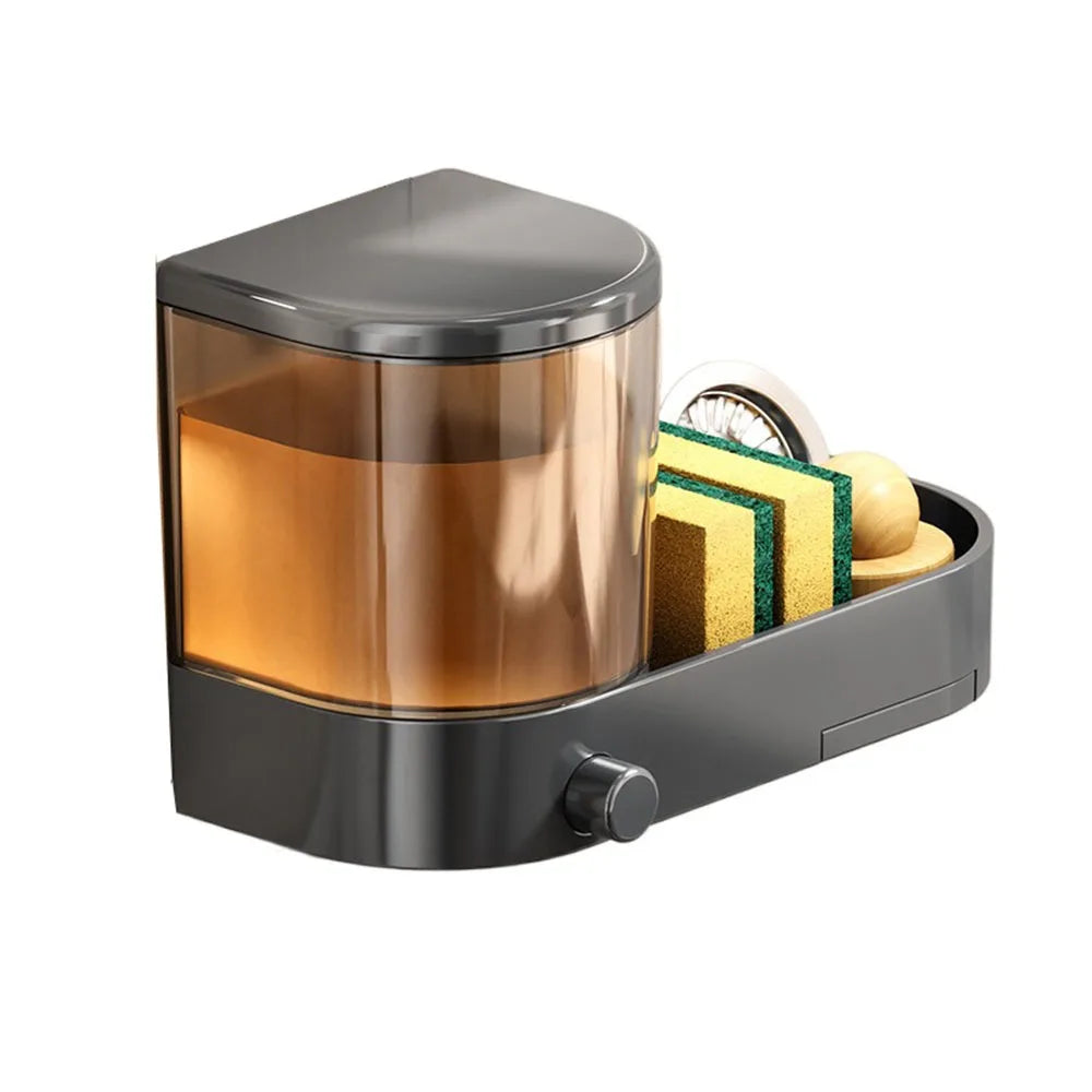 with Drain Tray Wall Mounted Soap Dispenser with Sponges Holder Hand Press Dishwashing Liquid Holder Space Saving