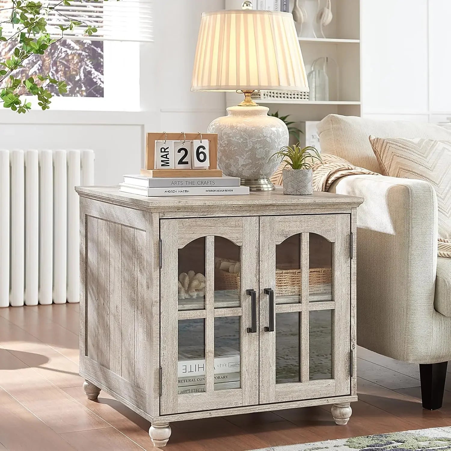 Farmhouse End Table with Charging Station,24" Large Sofa Side Table with Glass Barn Door,Rustic Wood Night Stand with Adjustable