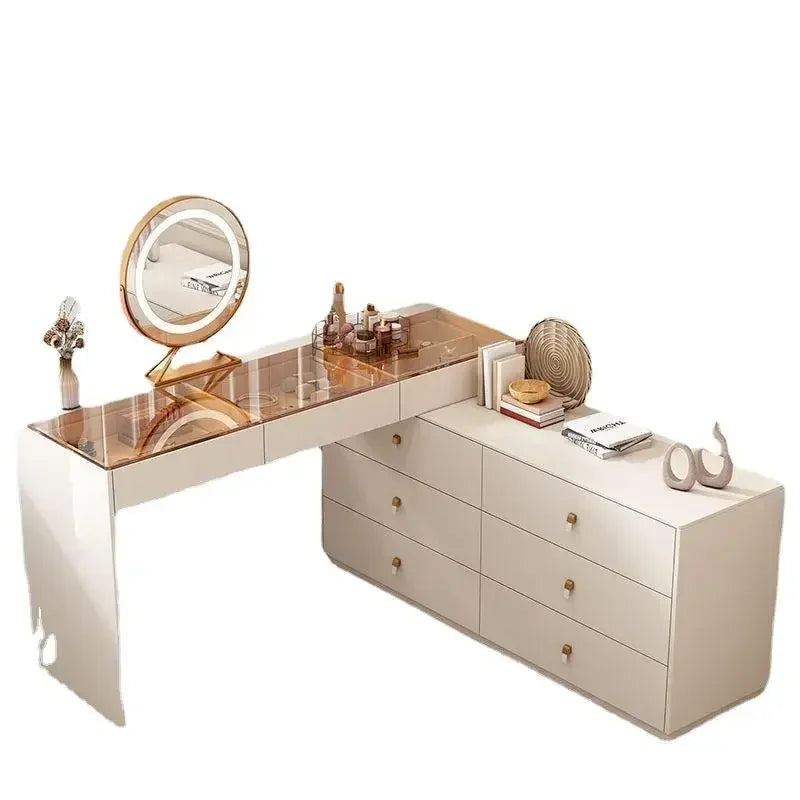 Modern Vanity Desk with LED Lighted Mirror, Luxury Corner Makeup Vanity Table 6 Drawers and Large Storage Dressing Table Shelves