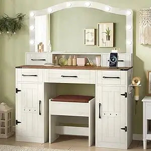 Dressing Table, with Large Mirror and LED Light, Dressing Table with Stool, Outlet and Hairdryer Holder