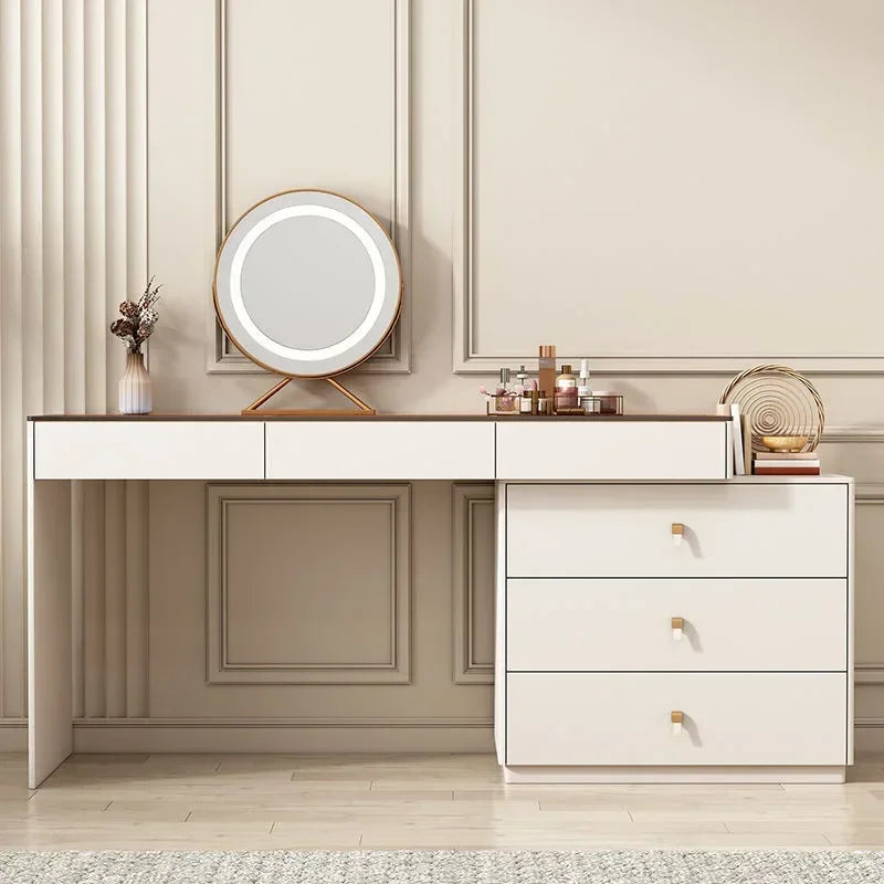Modern Vanity Desk with LED Lighted Mirror, Luxury Corner Makeup Vanity Table 6 Drawers and Large Storage Dressing Table Shelves