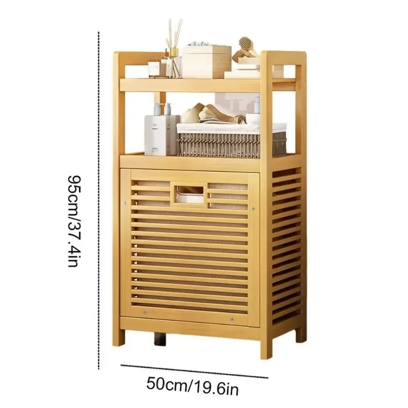 Laundry Hamper with Shelf With Tilt Out Basket 3/4 Tier Wooden Storage Hamper Bathroom Rack Multi-function Bamboo Laundry Basket