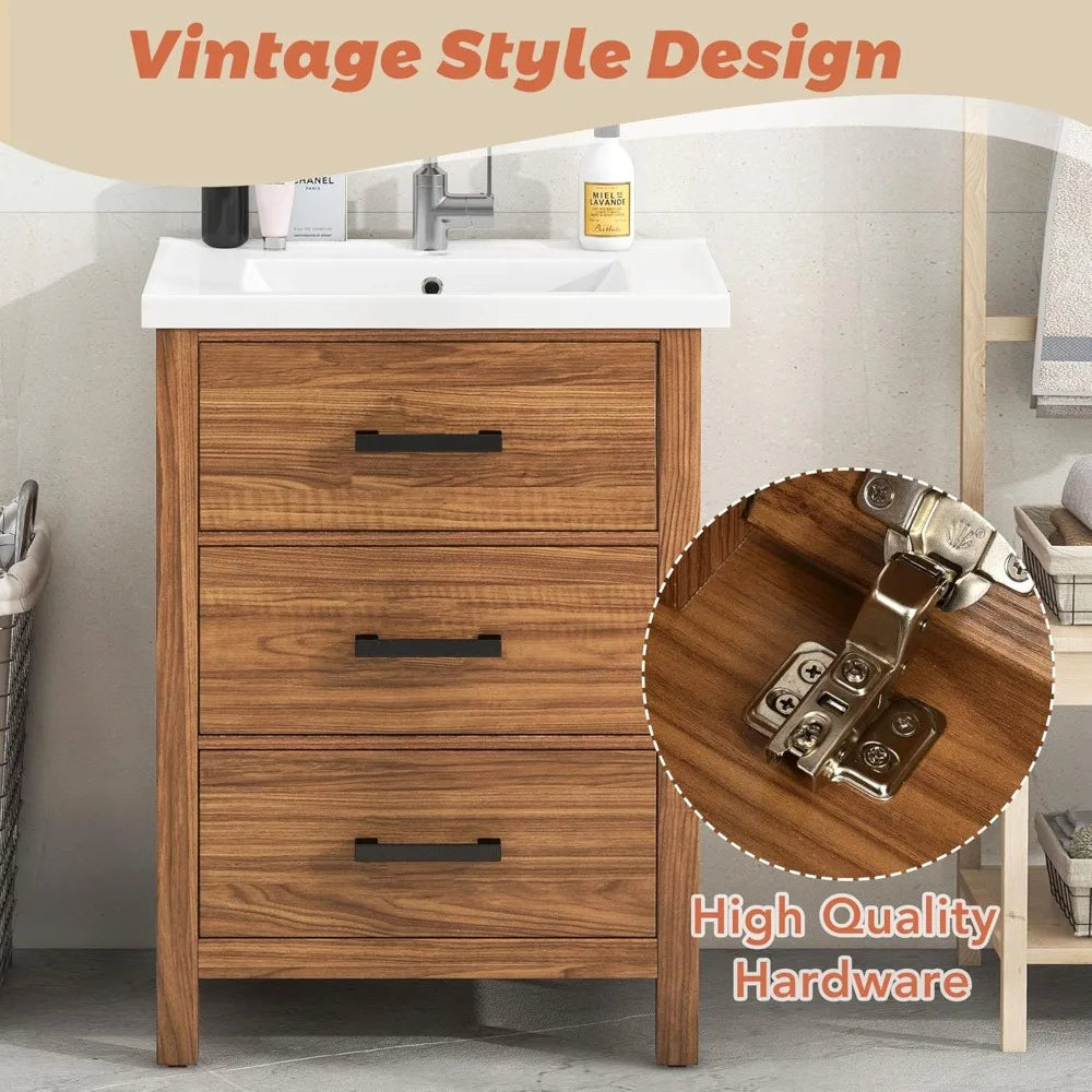 24" Farmhouse Bathroom Vanity with Undermount Sink | Freestanding Single Sink Combo with Tip-Out Drawer & Dual Pull-Out Drawers