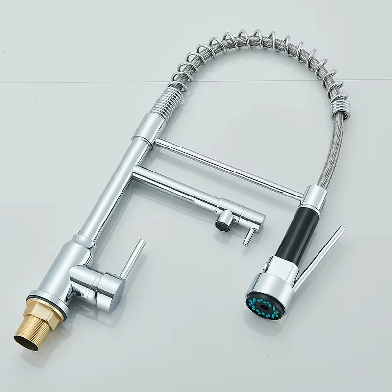 Black/Silver Kitchen Faucet with Pull-Down Sprayer, Deck Mount Hot and Cold Water Mixer Faucet, Dual Spout Faucet, Crane