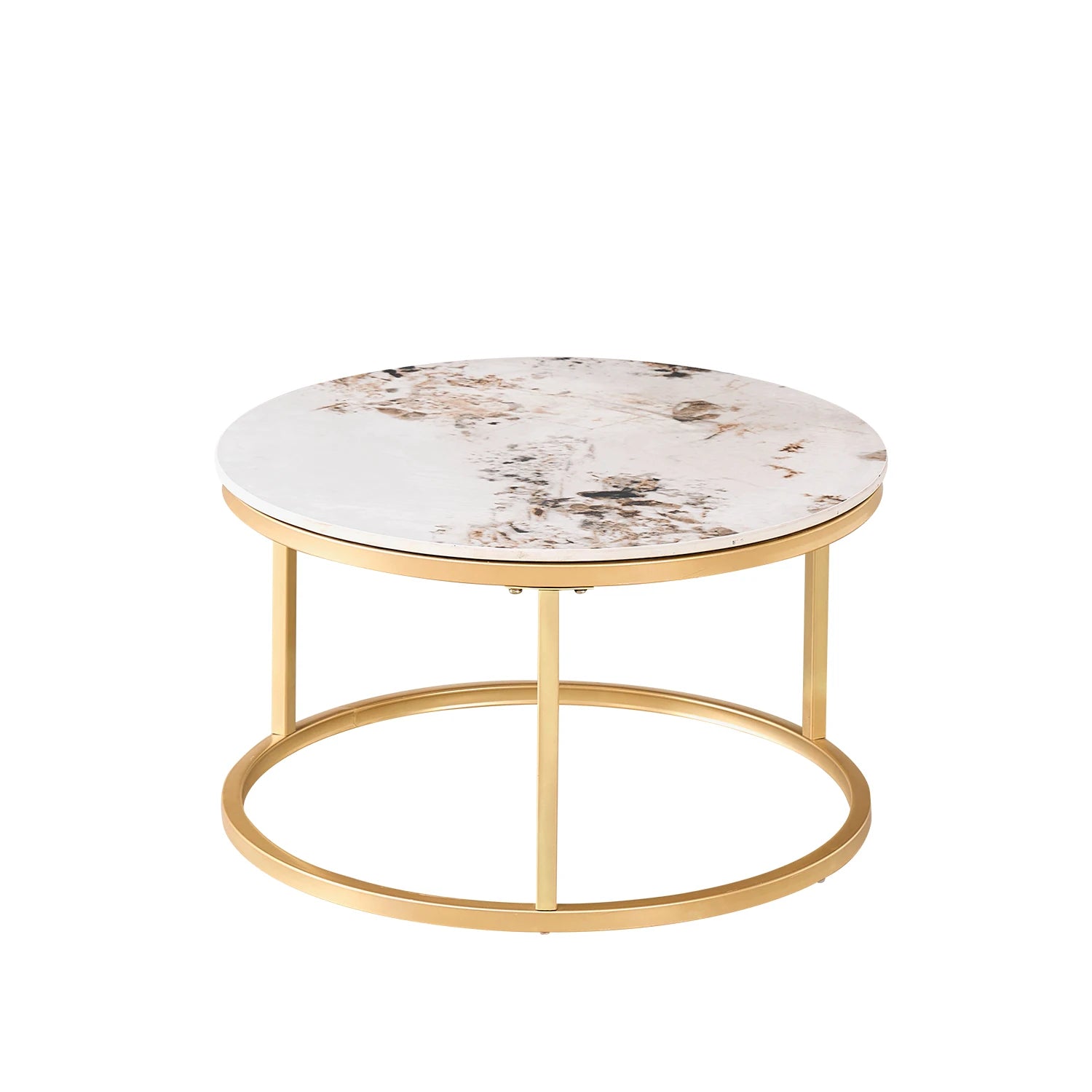 Set of 2 Modern Stylish Nesting Marble Round Coffee Table Set, Simple Metal Frame, Suitable for Living Room, Study Room, Bedroom
