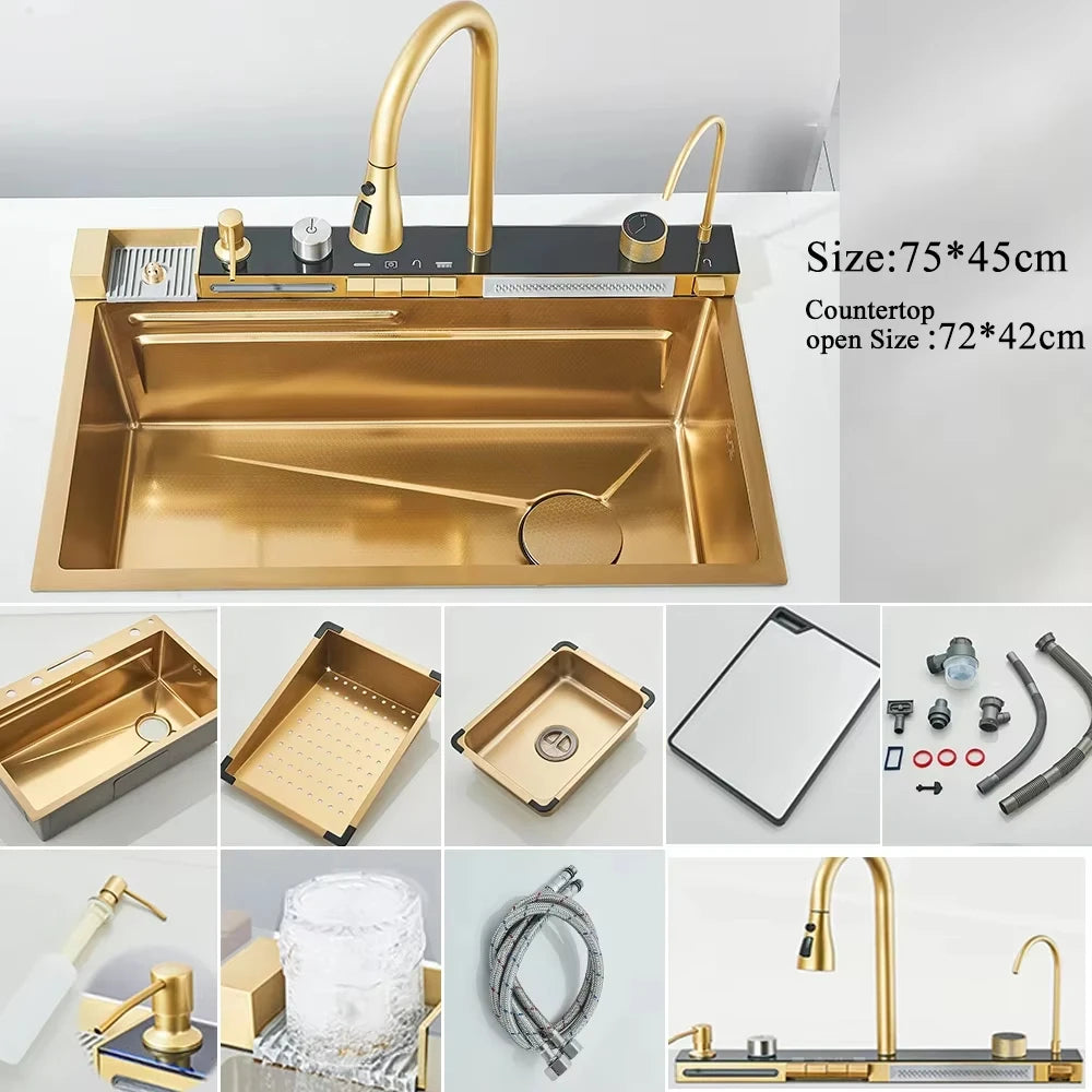 304 Stainless Steel Waterfall Kitchen Sink Large Single Slot Integrated Digital Display Faucet Set Soap Dispenser 75*45cm