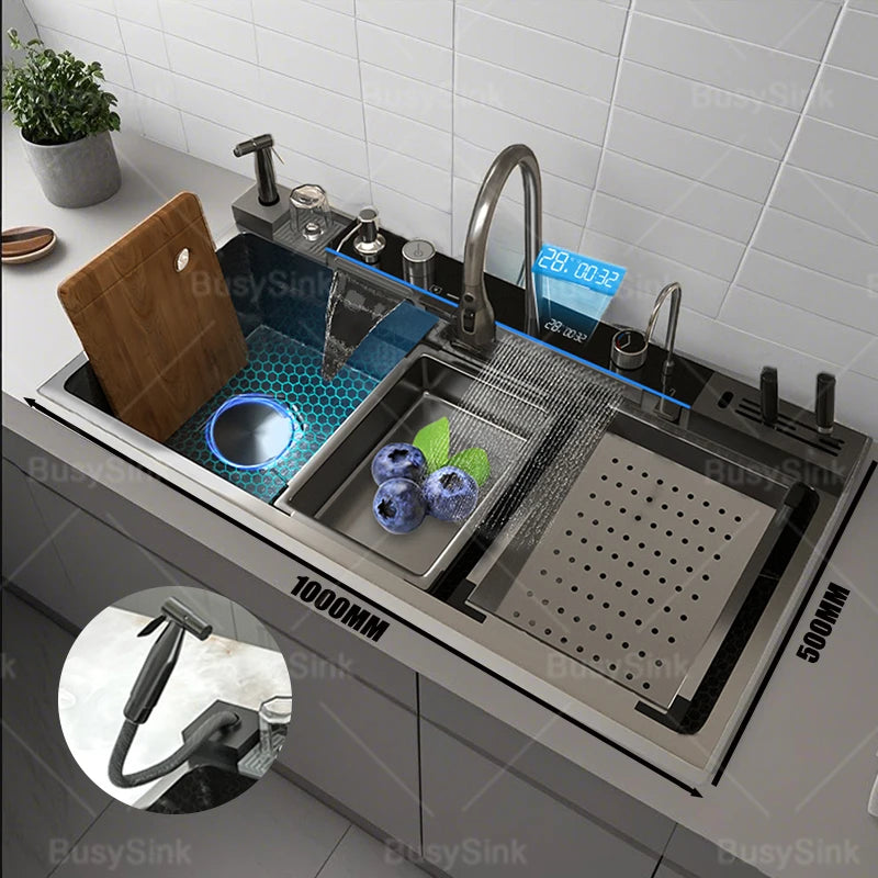 Gloden Stainless Steel Waterfall Kitchen Sink with Faucet Digital Display Multifunctional  Large Single Slot Dishwashing Basins