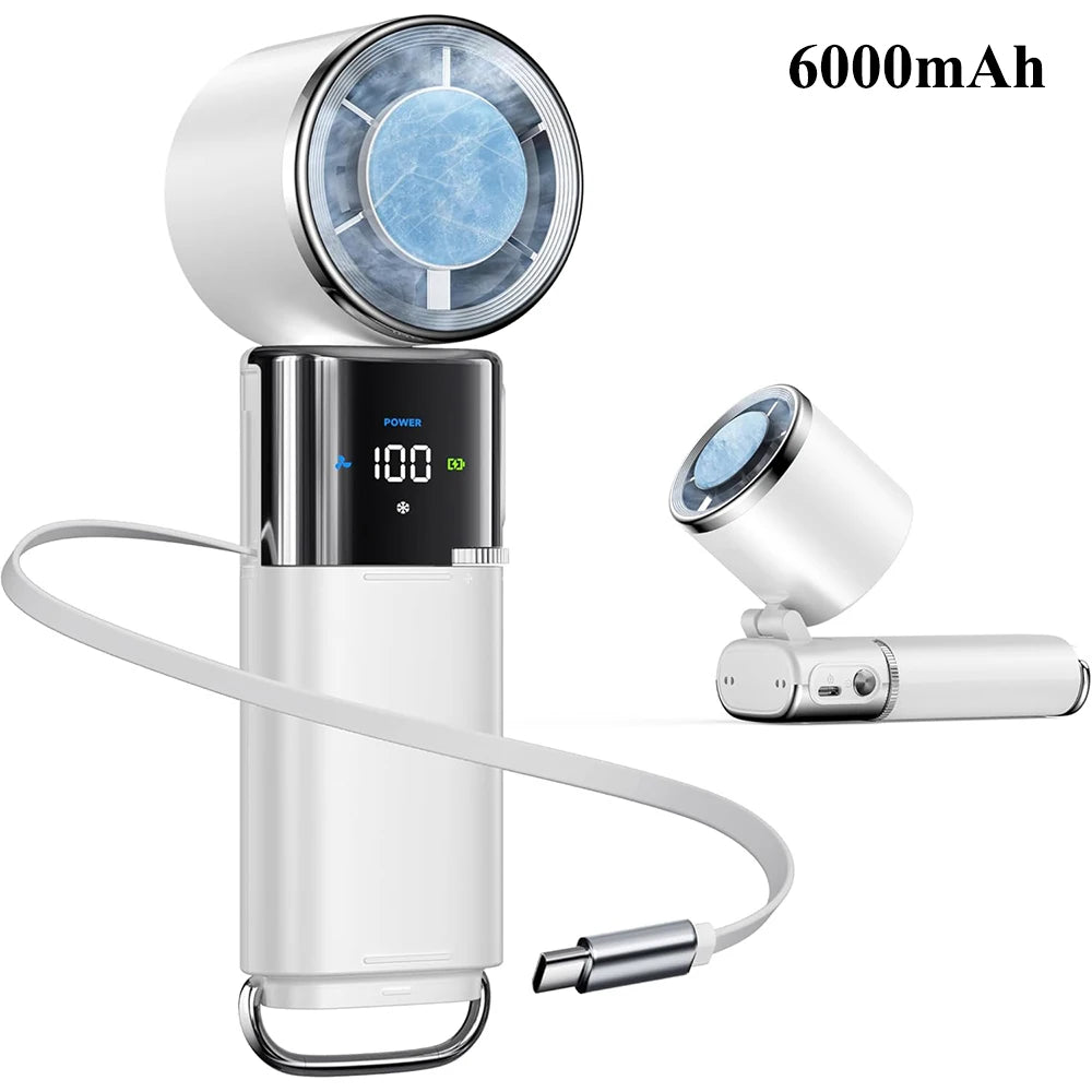 Ultra Portable Semiconductor Fan: 100-speed 11000RPM, Large Battery (charges phones), foldable/hanging. For family, travel, gift