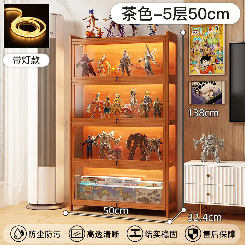 Display Cabinet Acrylic Curio Cabinet with Lock Glass Display Cabinet Natural Bamboo  Glass Cabinet Easy to Install,With Lights