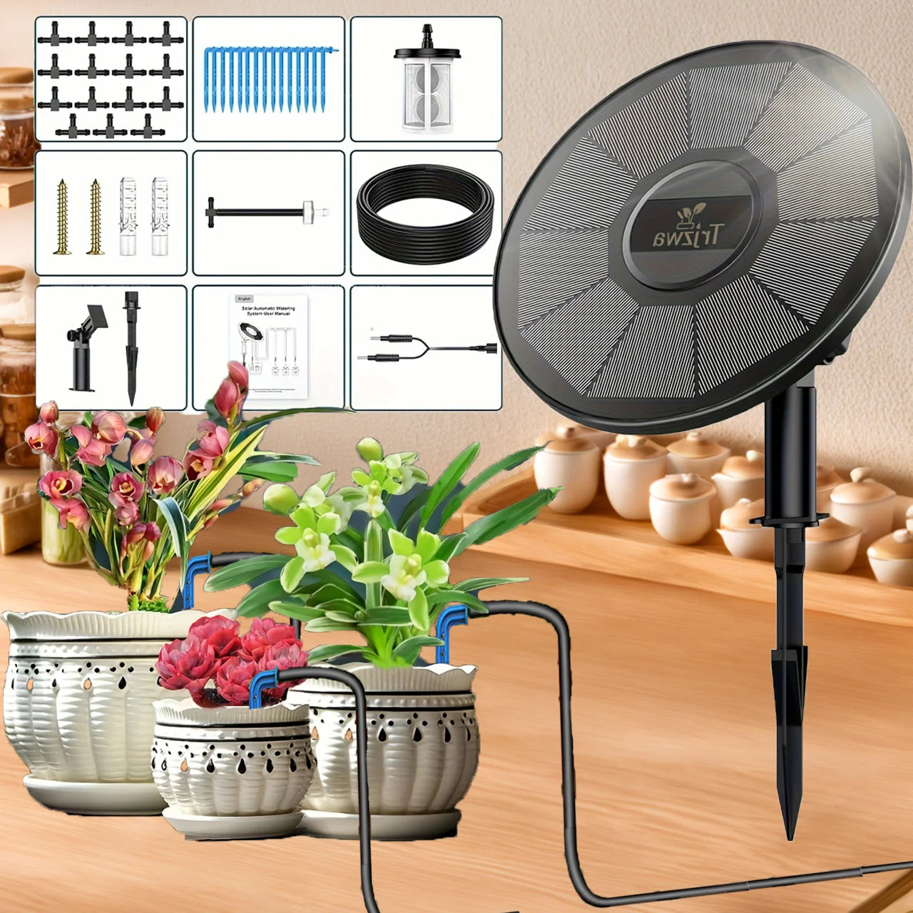 Solar drip irrigation kit, automatic watering system with timer mode, suitable for potted plants, balconies, courtyards