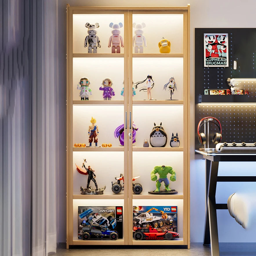 Display Cabinet Acrylic Curio Cabinet with Lock Glass Display Cabinet Natural Bamboo  Glass Cabinet Easy to Install,With Lights