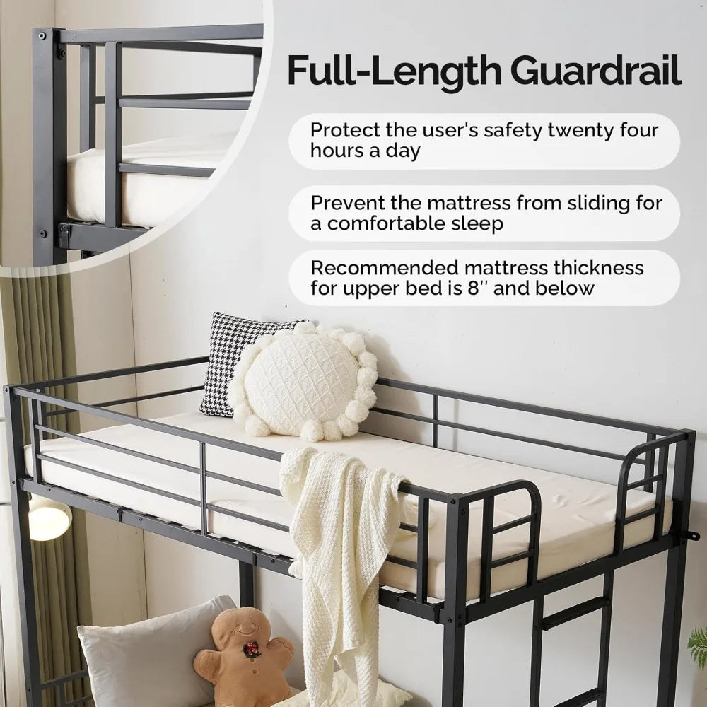 Metal Bunk Bed Frame Twin Over Twin with LED Lights, Non-Slip Ladder, Full Length Guardrail, Charging Station, for Kids, Teens
