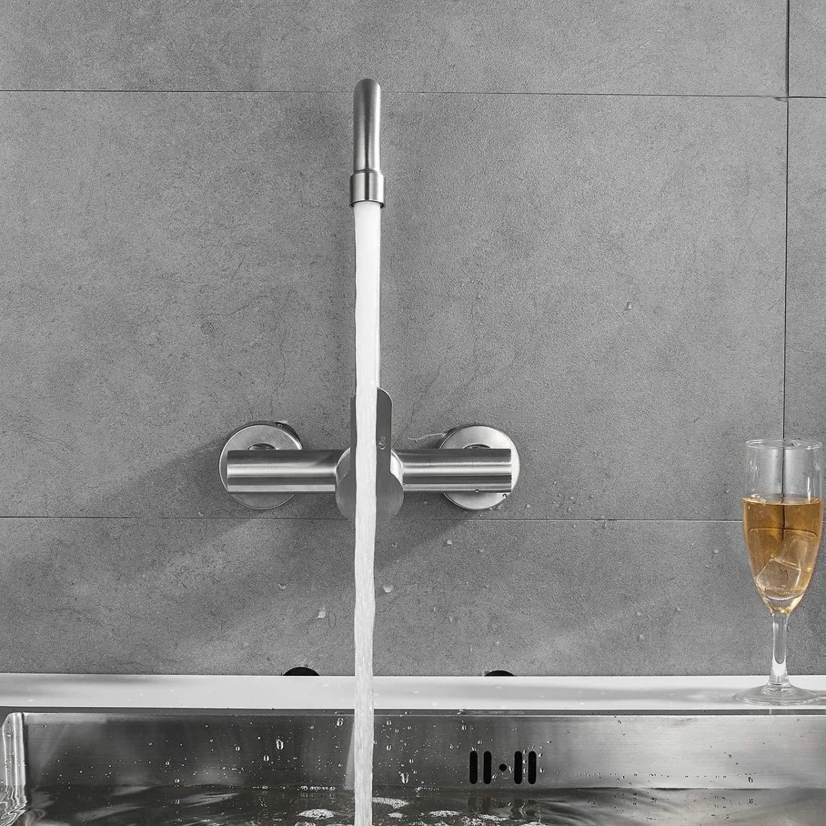 Stainless Steel Double Hole Wall Mounted Cold and Hot Faucet Balcony Rotating Kitchen Faucet Torneiras De Cozinha Batidora