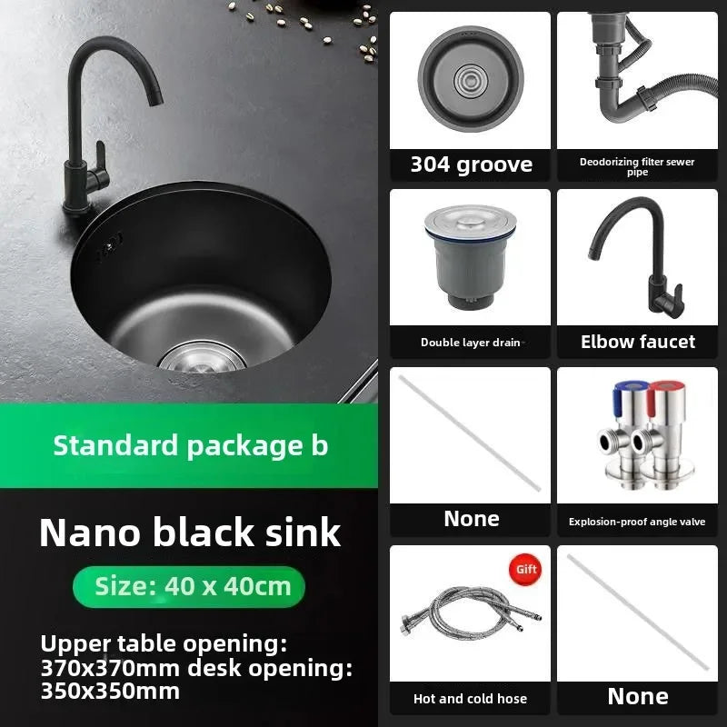Black Round Bar Sink Nano Stainless Steel Single Basin Small Kitchen Dishwashing and Vegetable Washing Sink kitchen sink cocina