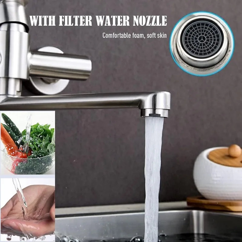 Wall Kitchen Tap 360° Rotating Stainless Steel Wall Hot Cold Mixer Single-handed Mixer Sink Rotating Arm of 25cm Long Filter