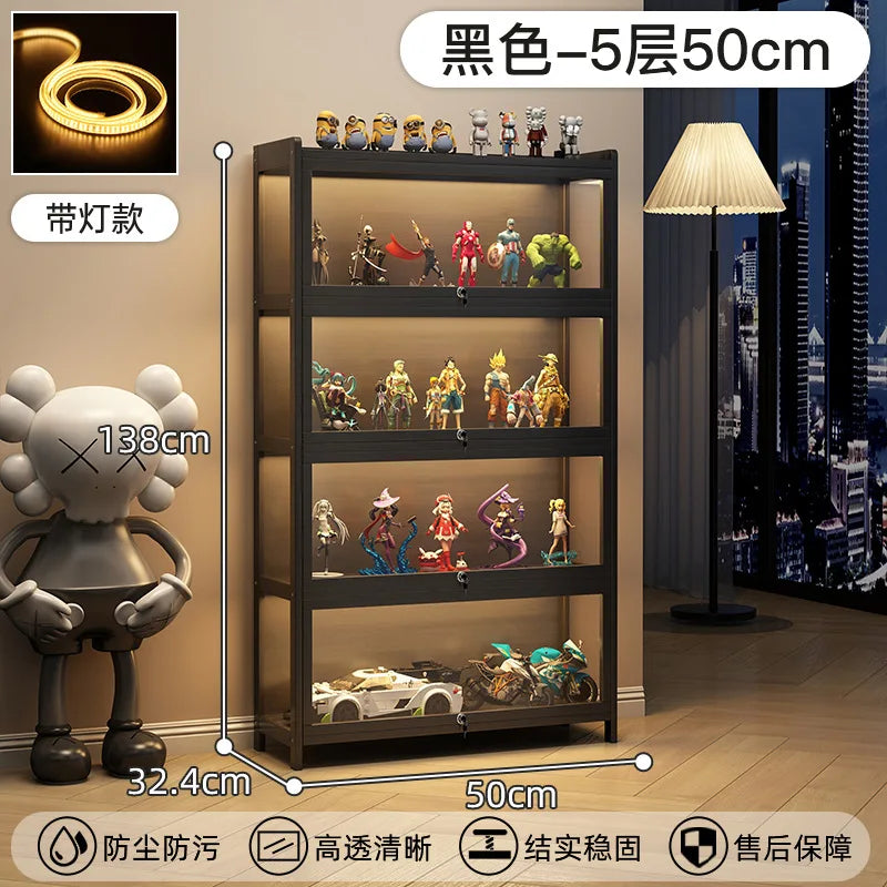 Display Cabinet Acrylic Curio Cabinet with Lock Glass Display Cabinet Natural Bamboo  Glass Cabinet Easy to Install,With Lights