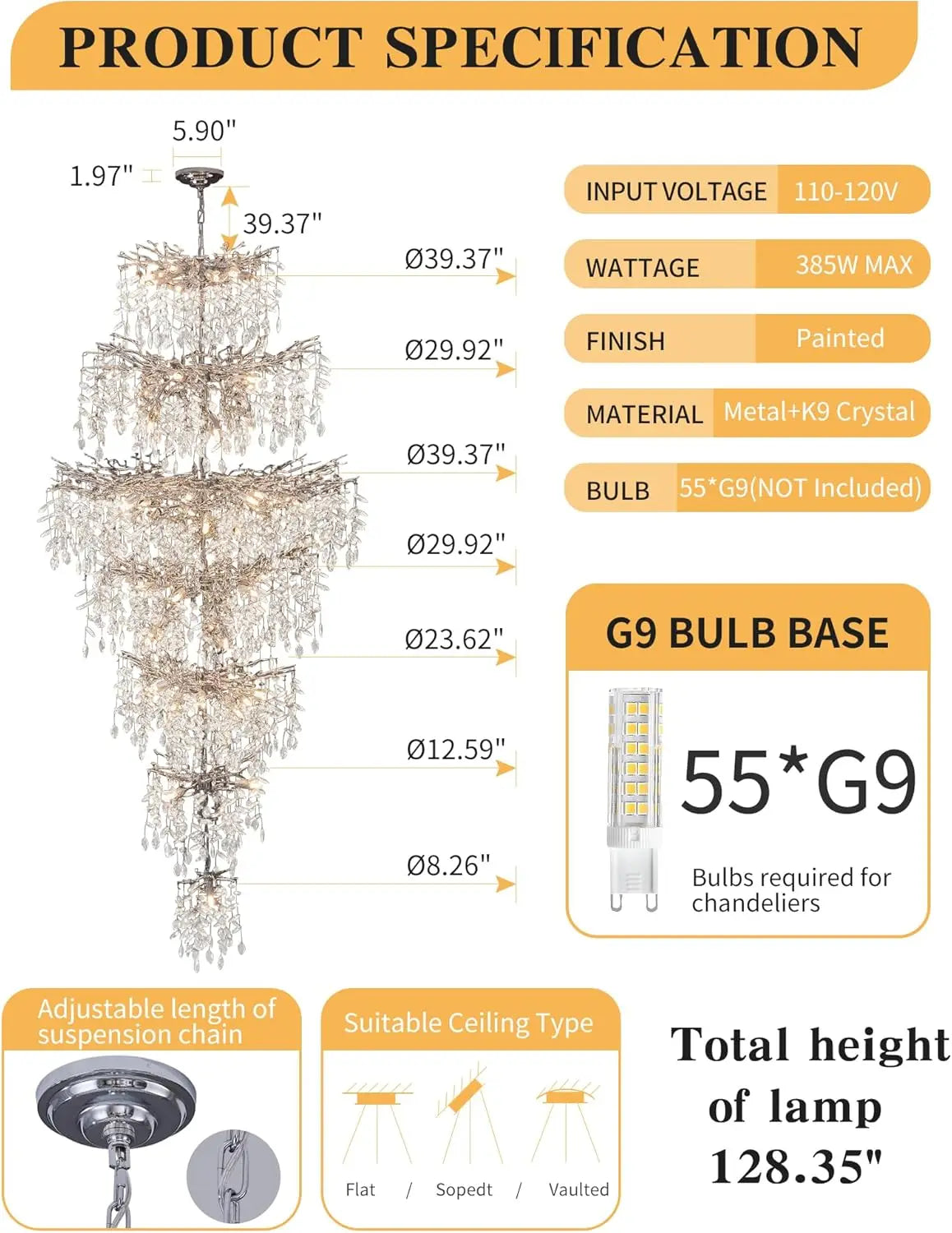 Modern Staircase Crystal Ceiling Chandeliers Silver Large Loft Crystal Hanging Chandelier for Entrance Hall Living Room