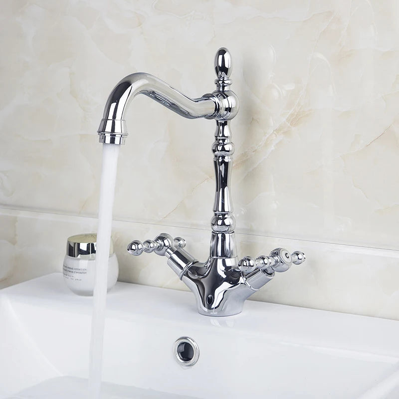 KEMAIDI Gold Bathroom Sink Faucet Brass Single Hole Deck Mounted Faucets 360 Swivel Dual Handle Mixer Tap Antique Brass