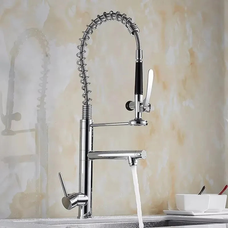 Chrome Kitchen Faucet Spring 360° Pull Down Sprayer Hot Cold Water Mixer Tap Deck Mounted Dual Spout Nozzle Faucets Crane 4829