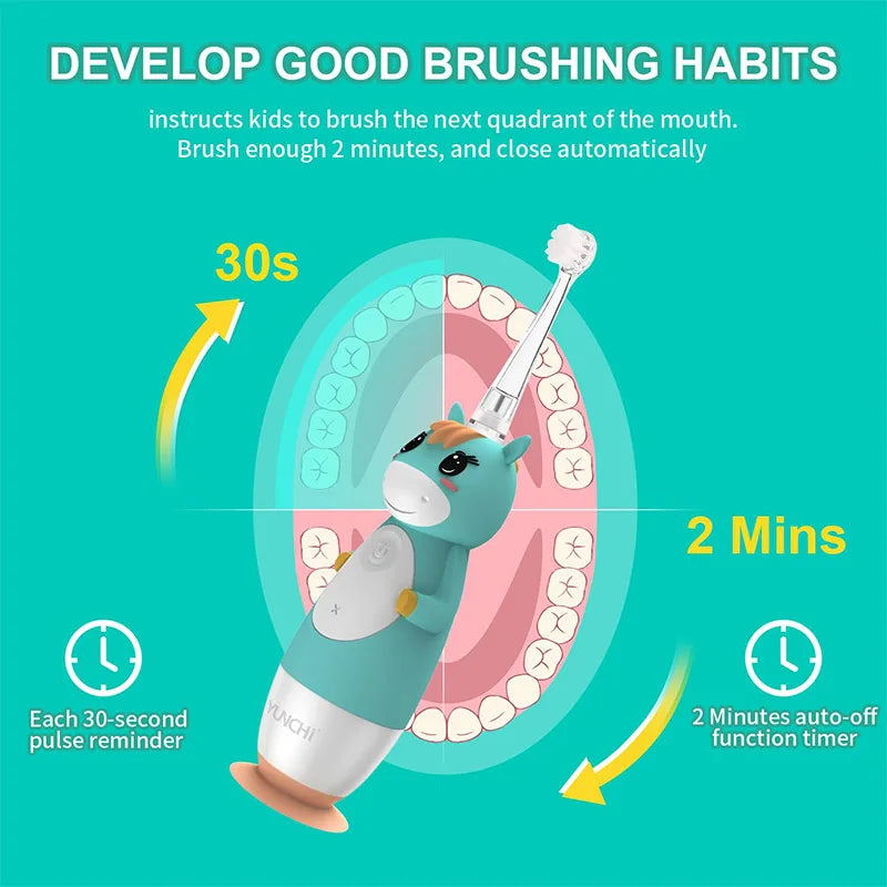 YUNCHi Kid Electric Toothbrush Battery Powered Children Sonic Toothbrush 2 Min Timer 30s Reminder IPX7 with Replacement Heads