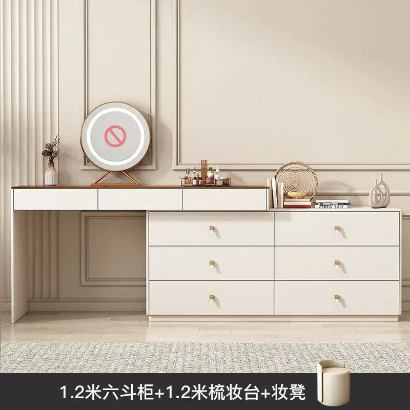 Modern Vanity Desk with LED Lighted Mirror, Luxury Corner Makeup Vanity Table 6 Drawers and Large Storage Dressing Table Shelves