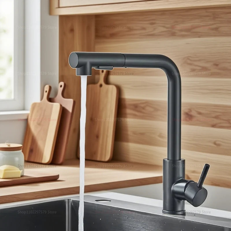 Upgraded Black Silver Pull Out Kitchen Faucet Dual Mode Telescopic Rotary Stainless Steel Hot Cold Water Faucet for Kitchen