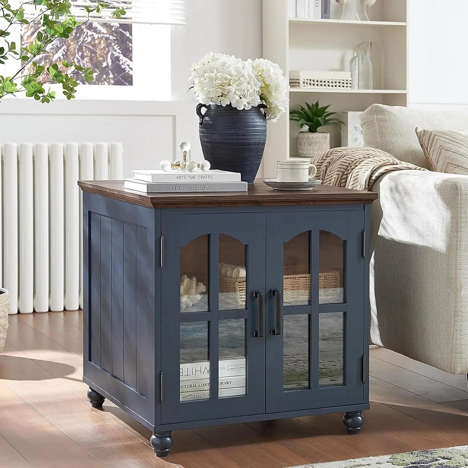 Farmhouse End Table with Charging Station,24" Large Sofa Side Table with Glass Barn Door,Rustic Wood Night Stand with Adjustable