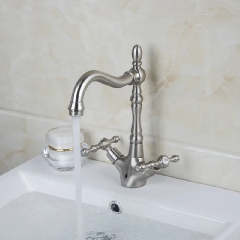 KEMAIDI Gold Bathroom Sink Faucet Brass Single Hole Deck Mounted Faucets 360 Swivel Dual Handle Mixer Tap Antique Brass