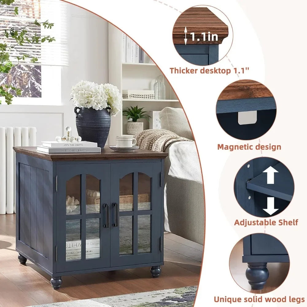 Farmhouse End Table with Charging Station,24" Large Sofa Side Table with Glass Barn Door,Rustic Wood Night Stand with Adjustable