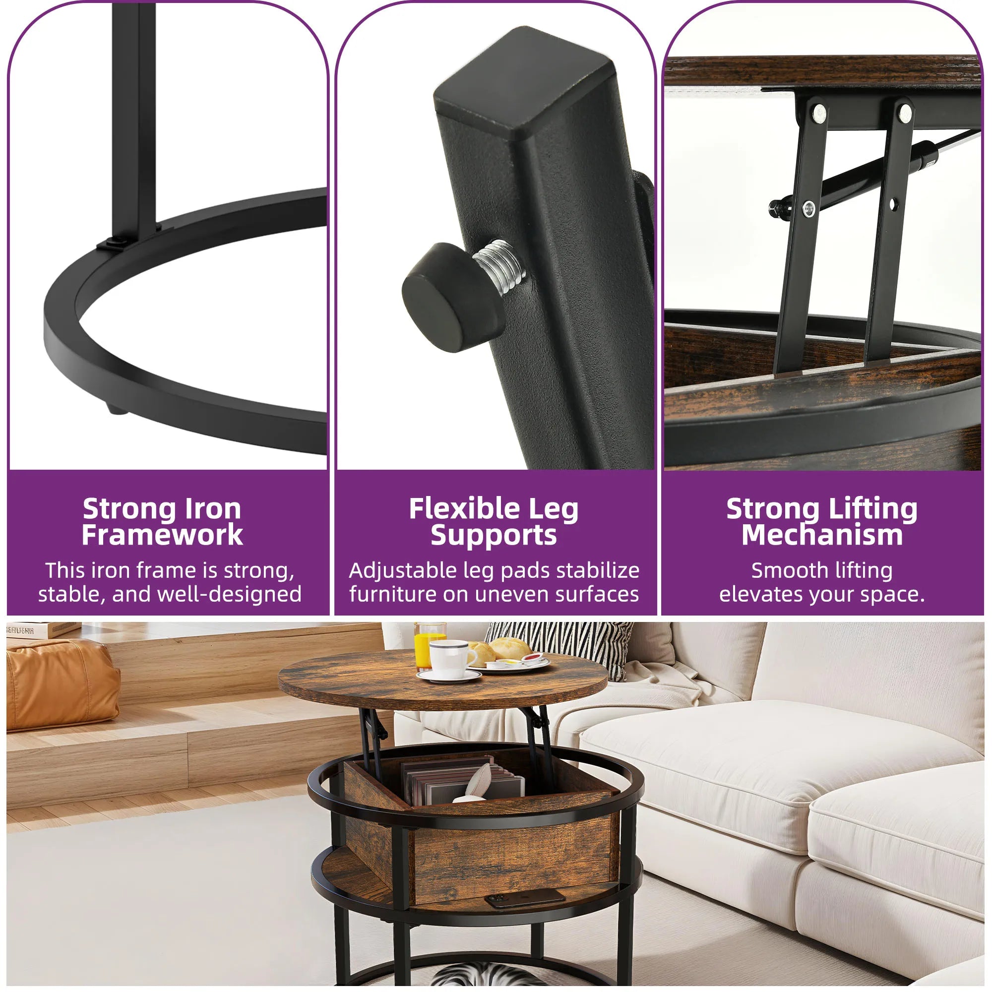 YITAHOME Coffee Table With Lift Top, Lift Up Coffee Table Round With Hidden Storage Compartment, 60x60x47cm