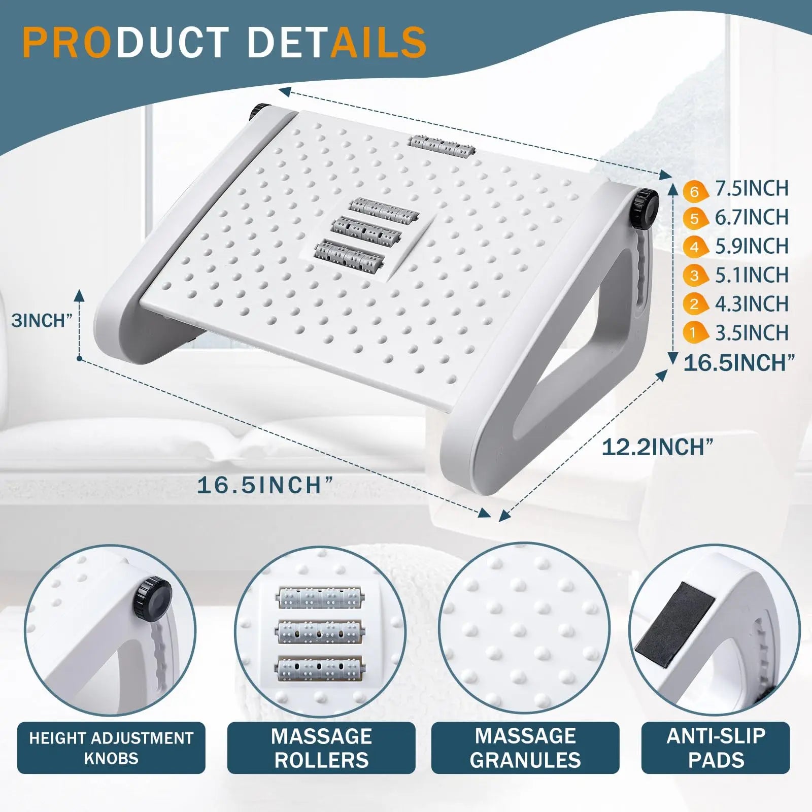Foot Rest for Under Desk at Work Ergonomic 6 Heights Adjustable Footrest with Massage Roller Portable Under Desk Foot Stool
