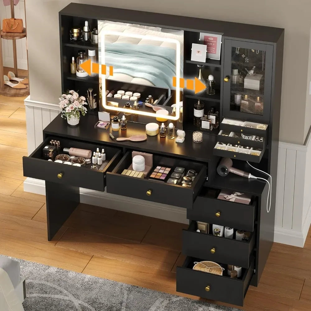 Makeup Vanity Desk with Lighted Sliding Mirror & Jewelry Organizer, Makeup Dressing Table with 5 Drawers, Modern Black