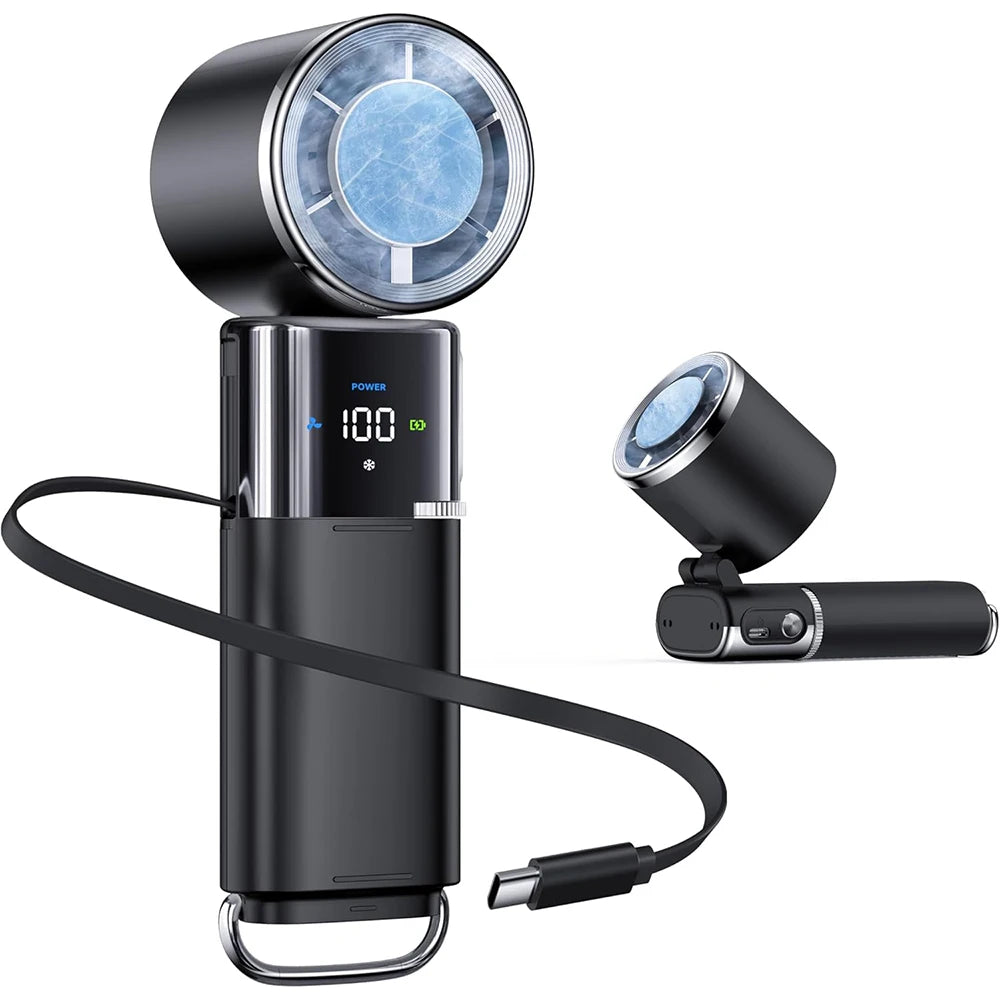 Ultra Portable Semiconductor Fan: 100-speed 11000RPM, Large Battery (charges phones), foldable/hanging. For family, travel, gift