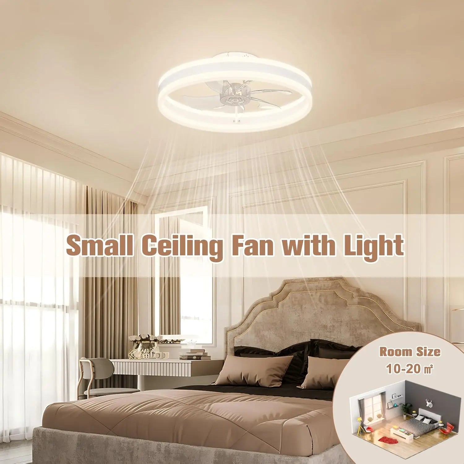 Modern ceiling fan with light and remote control, 15.7 "low-specification ceiling fan, with 6-speed and dimmable LED, APP 3CCT