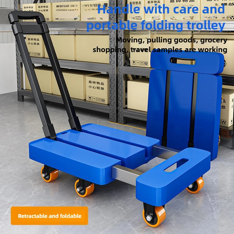 Telescopic tie rod flatbed truck folding silent trolley express pulling trolley six-wheeled small trolley thickened trailer