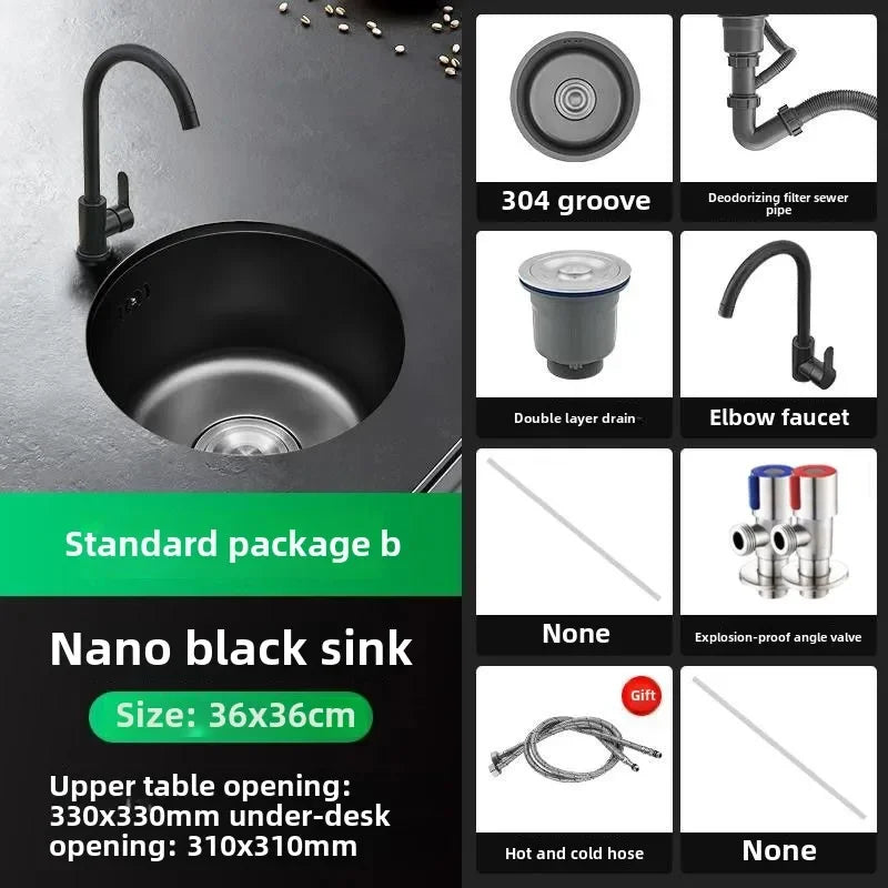 Black Round Bar Sink Nano Stainless Steel Single Basin Small Kitchen Dishwashing and Vegetable Washing Sink kitchen sink cocina