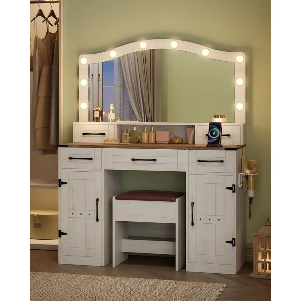 Dressing Table, with Large Mirror and LED Light, Dressing Table with Stool, Outlet and Hairdryer Holder