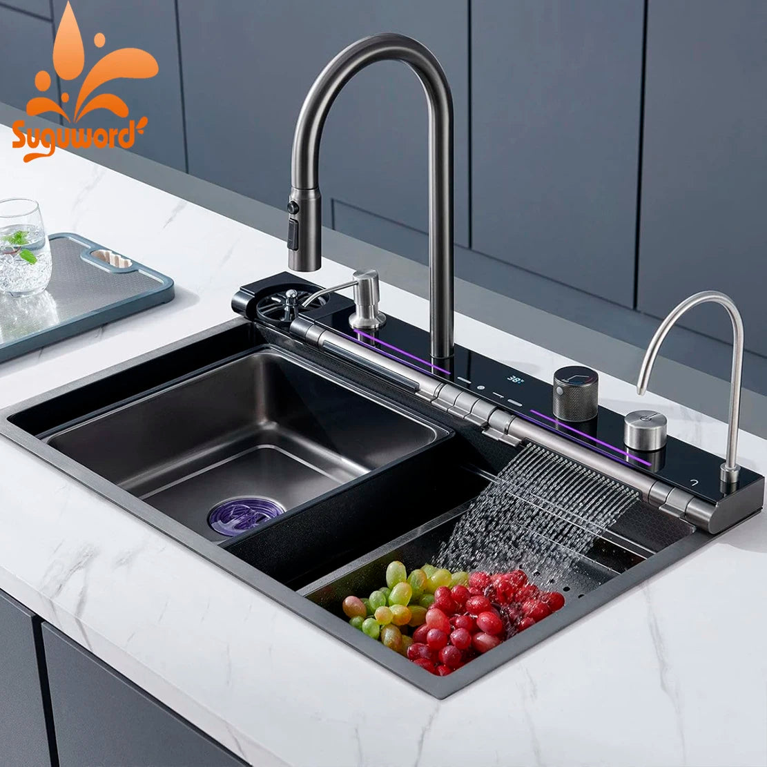 Stainless Steel Kitchen Waterfall Sink Digital Display Large Single Sink Dish Basin Sink Purification water Cup Washer Crane