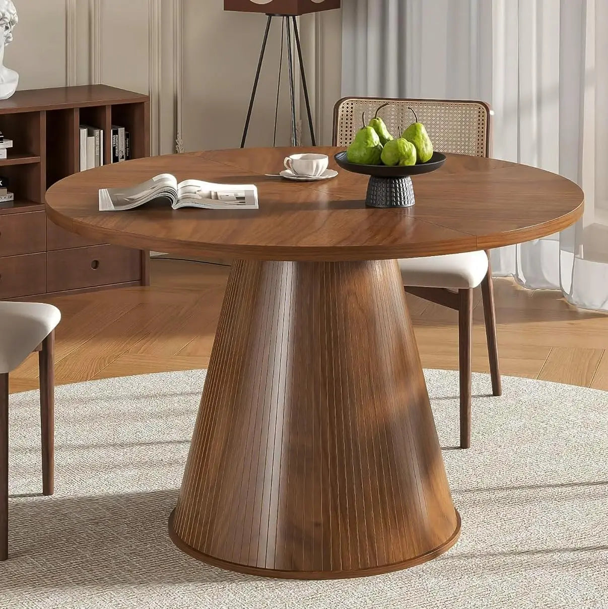 Round Dining Table for 4, Farmhouse Fluted Dining Kitchen Table, 47 Inch Modern Wood Small Circle Dining Table for Kitchen