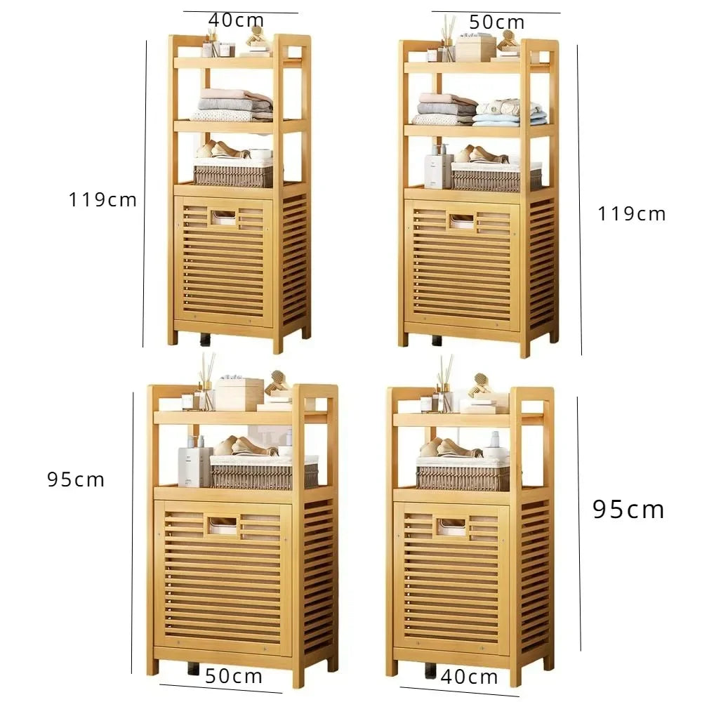 Laundry Hamper with Shelf With Tilt Out Basket 3/4 Tier Wooden Storage Hamper Bathroom Rack Multi-function Bamboo Laundry Basket