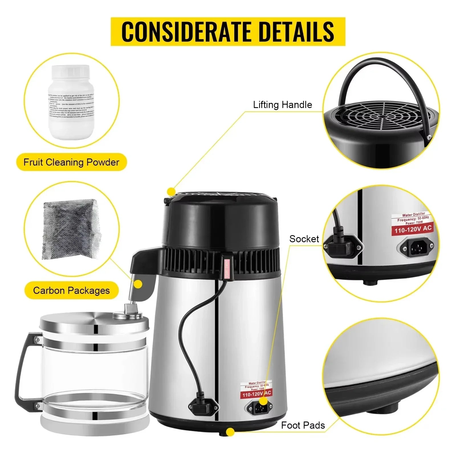 VEVOR Silver Water Distiller Machine 750W Adjustable Temperature Water Distiller 4L Wine Making Set Brewing Kit for Kitchen Home