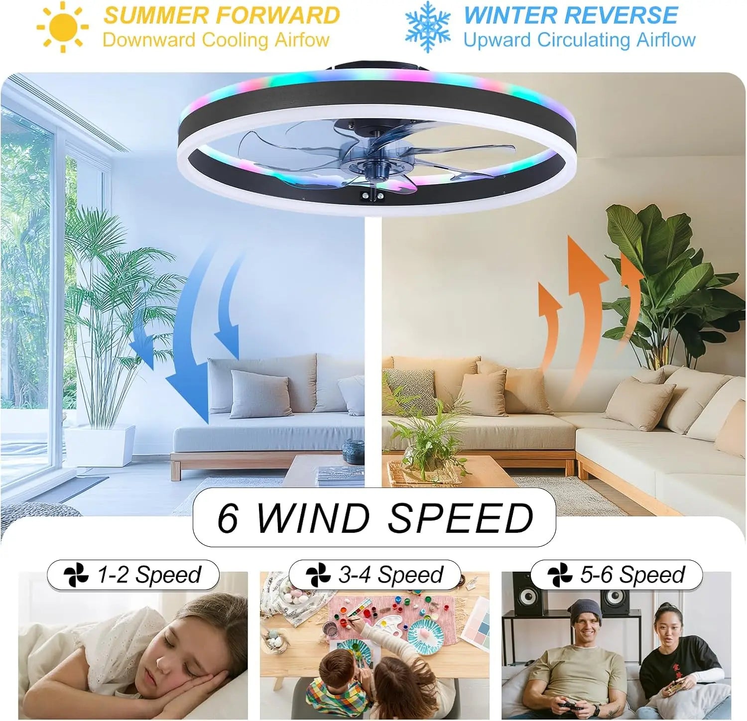RGB TUYA Modern Ceiling Fan (With Lighting) Silent LED Dimmable Ceiling Fan (With Remote Control) for Bedroom Study Dining Room