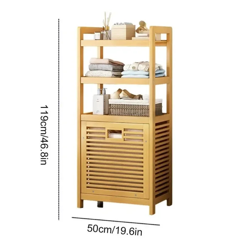 Laundry Hamper with Shelf With Tilt Out Basket 3/4 Tier Wooden Storage Hamper Bathroom Rack Multi-function Bamboo Laundry Basket