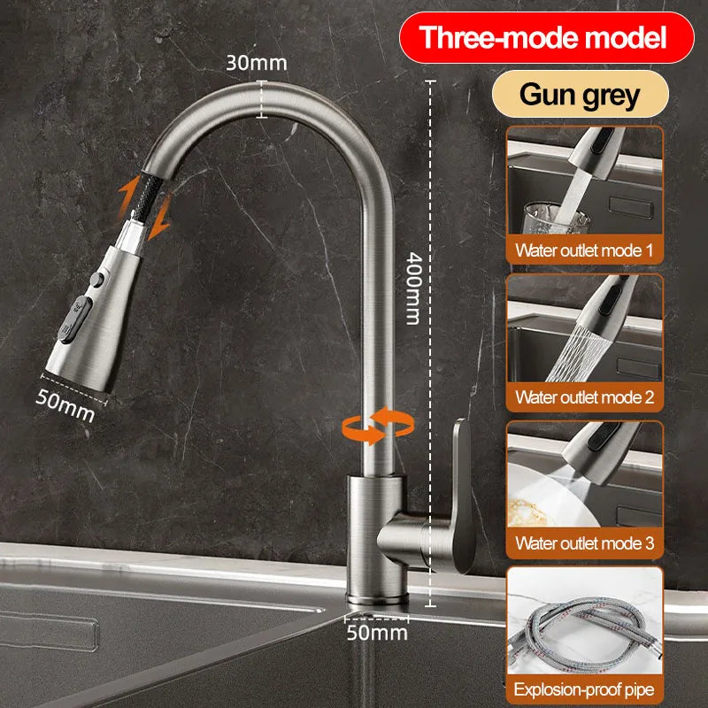 Stainless steel kitchen pull-out faucet, hot and cold household splash-proof sink, retractable sink, vegetable washing basin fau