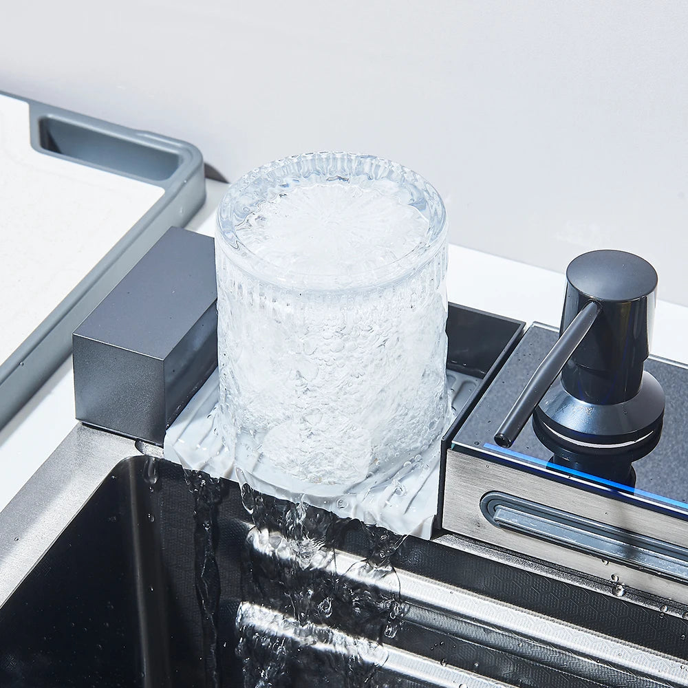 304 Stainless Steel Waterfall Kitchen Sink Large Single Slot Integrated Digital Display Faucet Set Soap Dispenser 75*45cm