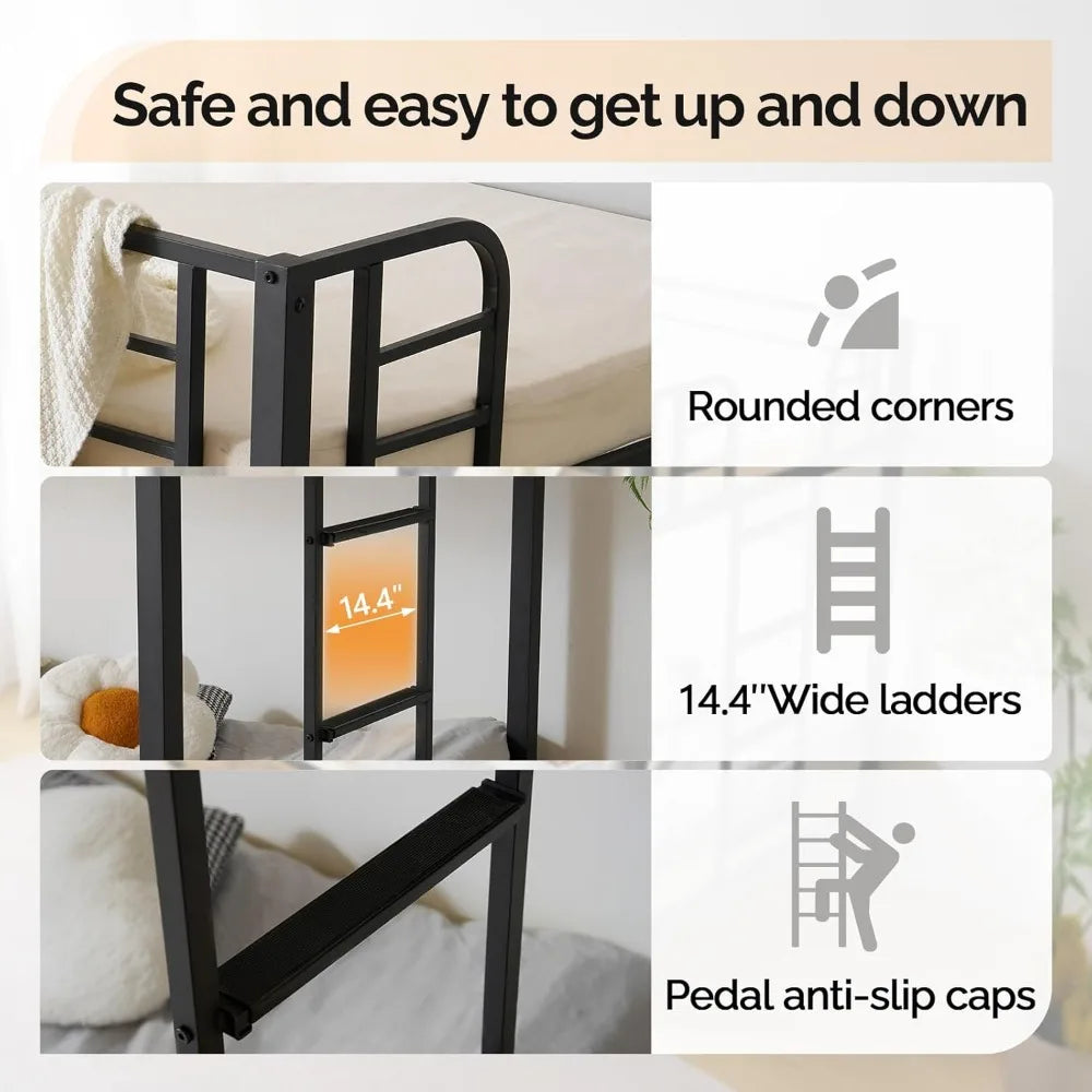 Metal Bunk Bed Frame Twin Over Twin with LED Lights, Non-Slip Ladder, Full Length Guardrail, Charging Station, for Kids, Teens