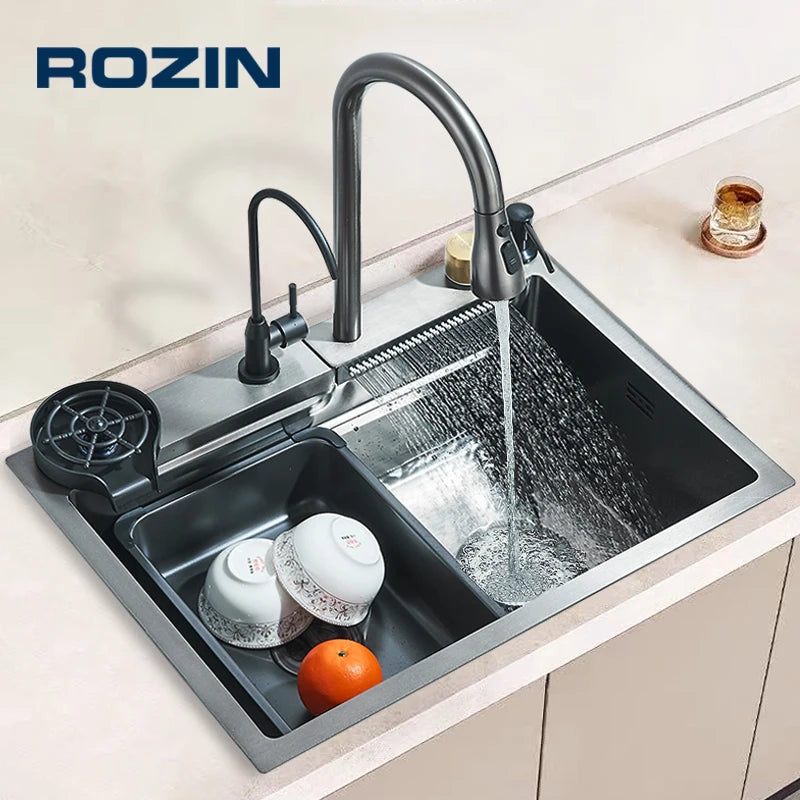 Single Slot Kitchen Sink with Faucet 304 Stainless Steel Large 60x45cm Rainfall 4 Functions Sink with Soap Dispenser,Cup Washer