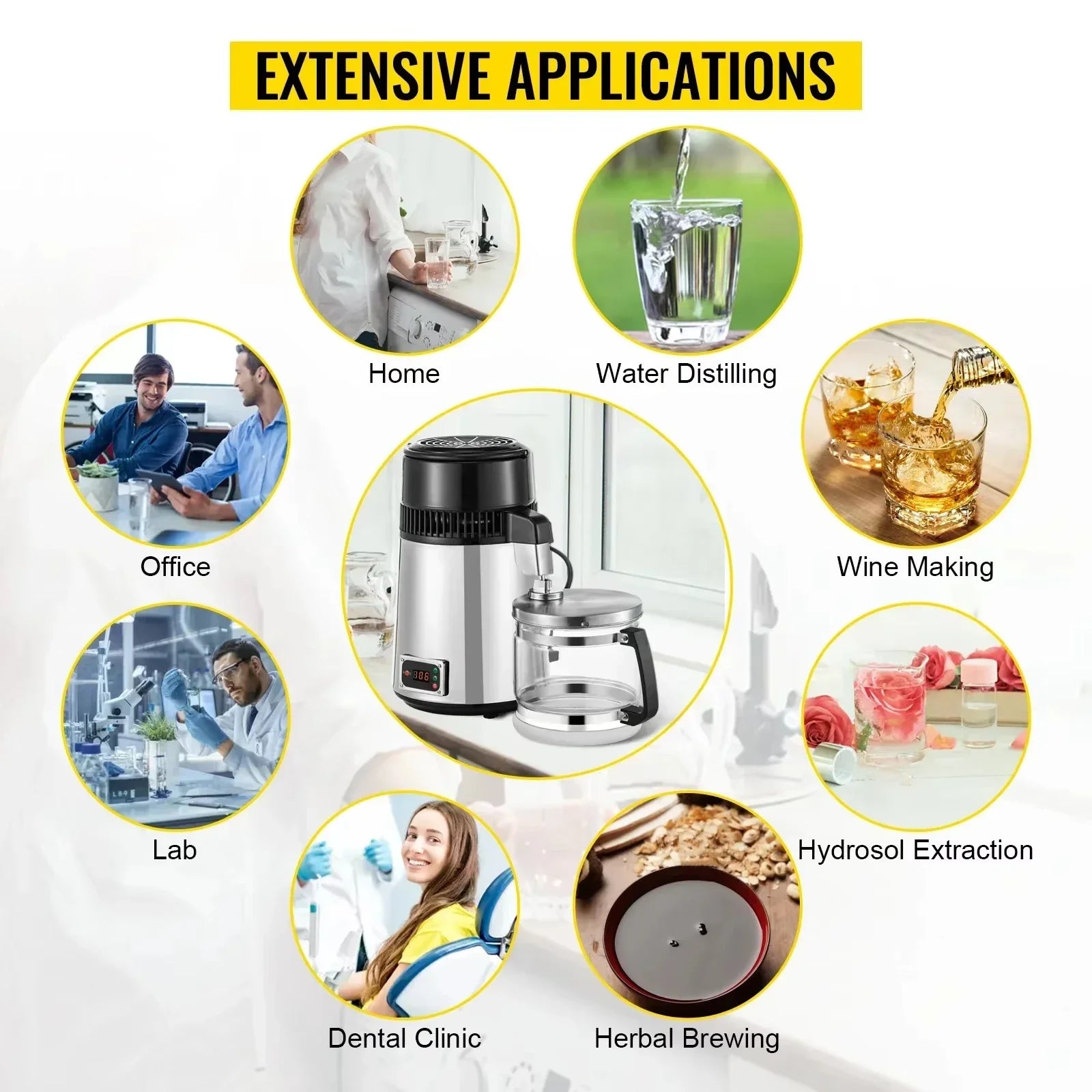 VEVOR Silver Water Distiller Machine 750W Adjustable Temperature Water Distiller 4L Wine Making Set Brewing Kit for Kitchen Home