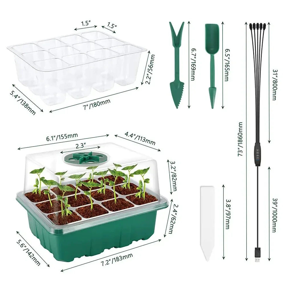 Led Grow Light with Seeding Trays Full Spectrum Seed Starter Kit Tools Germination Growing Lamp for Greenhouse Plant 12 Cells